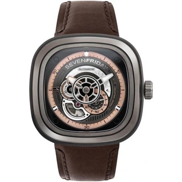 SEVENFRIDAY P-Series Automatic Gunmetal PVD Black Skeleton Dial Brown Leather Strap Mens Watch P2C/01