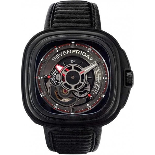 SEVENFRIDAY P-Series Racer Automatic Black/Gray Dial Black Leather Strap Mens Watch P3B/01