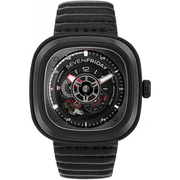 SEVENFRIDAY P-Series Racer III Automatic Black PVD Black Dial Black Leather Strap Mens Watch P3C/06