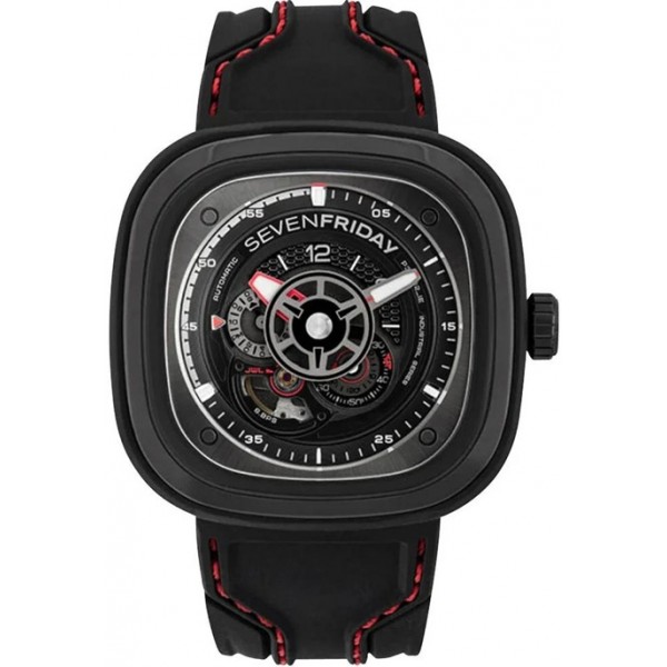 SEVENFRIDAY P-Series Racer III Automatic Black PVD Black Dial Black Silicone Strap Mens Watch P3C/02