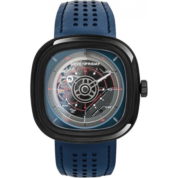 SEVENFRIDAY T-Series Automatic Black PVD Blue Skeleton Dial Blue Leather Strap Mens Watch T3/03