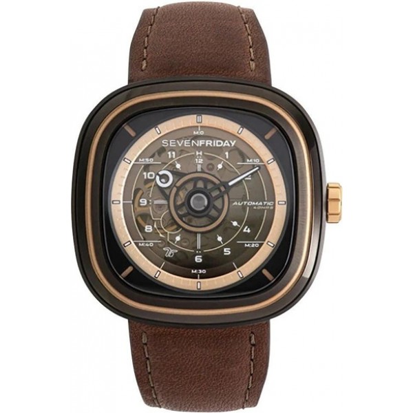 SEVENFRIDAY T-Series Automatic Gunmetal PVD Brown Skeleton Dial Brown Leather Strap Mens Watch T2/03