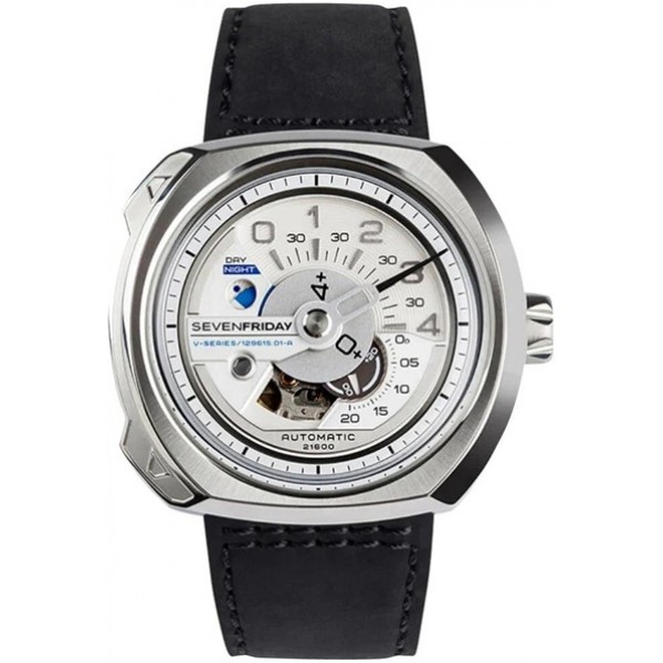 SEVENFRIDAY V-Series Automatic Stainless Steel Silver Dial Black Leather Strap Mens Watch V1/01