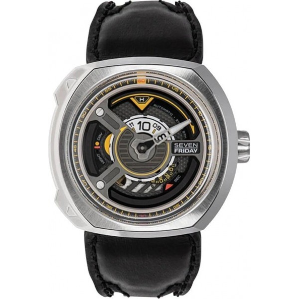 SEVENFRIDAY W-Series Blade Automatic Stainless Steel Black Skeleton Dial Black Leather Strap Mens Watch W1/01