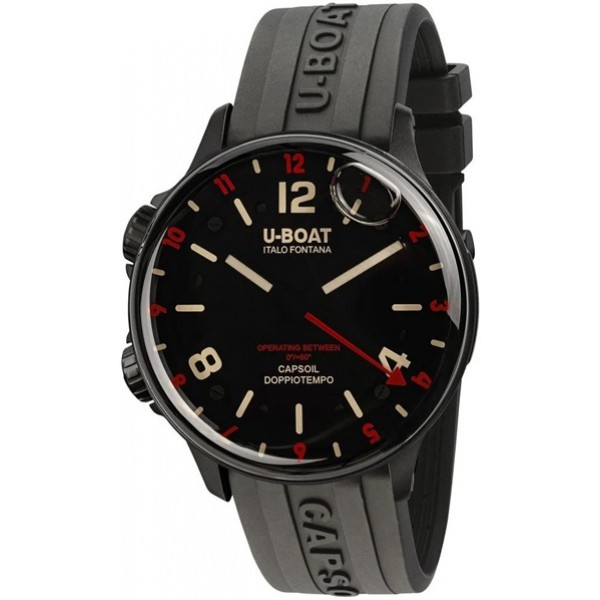 U-Boat Capsoil Doppiotempo Black DLC Steel Black Dial Black Rubber Strap Swiss Electro-mechanical Mens Watch 8841