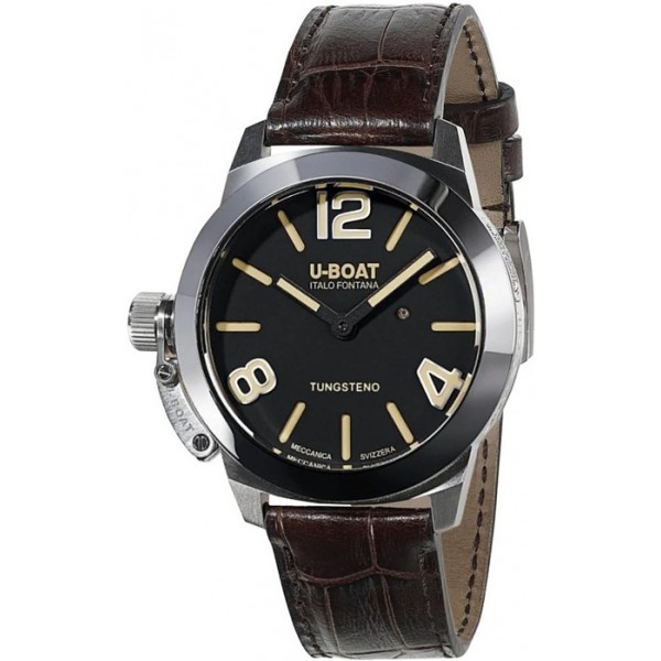 U-Boat Classico Stratos Manual Wind Stainless Steel Black Dial Brown Leather Strap Mens Watch 9002