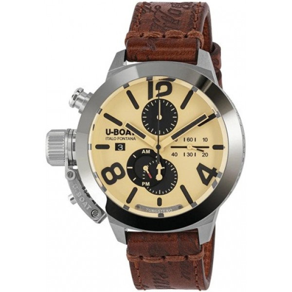 U-Boat Classico Tungsteno CAS2 Automatic Chronograph Stainless Steel Beige Dial Brown Leather Strap Date Mens Watch 9568