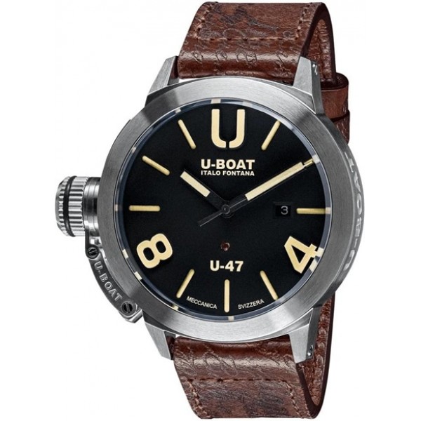 U-Boat Classico U-47 AS1 Automatic Stainless Steel Black Dial Brown Leather Strap Date Mens Watch 8105