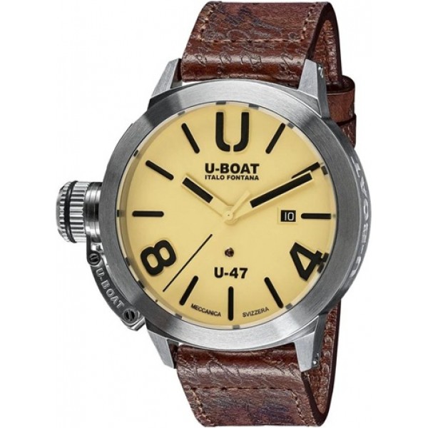 U-Boat Classico U-47 AS2 Automatic Stainless Steel Beige Dial Brown Leather Strap Date Mens Watch 8106