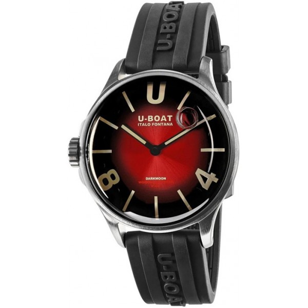 U-Boat Darkmoon Stainless Steel Red Dial Black Rubber Strap Quartz Mens Watch 9500