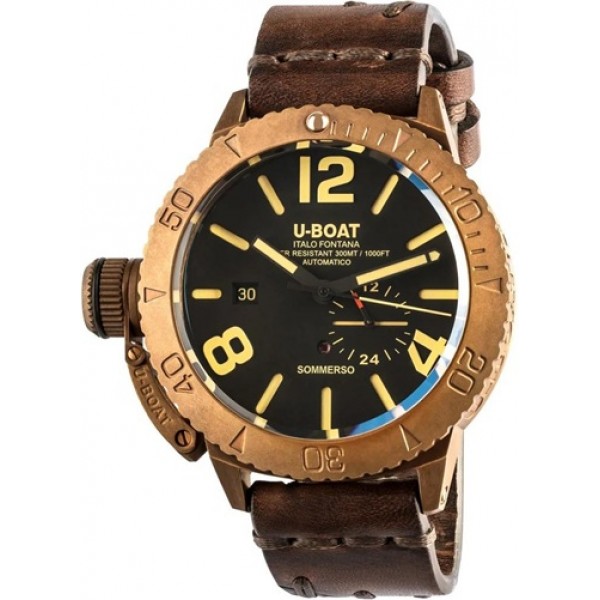 U-Boat Sommerso Automatic Bronze Black Dial Brown Leather Strap Date Divers Mens Watch 8486