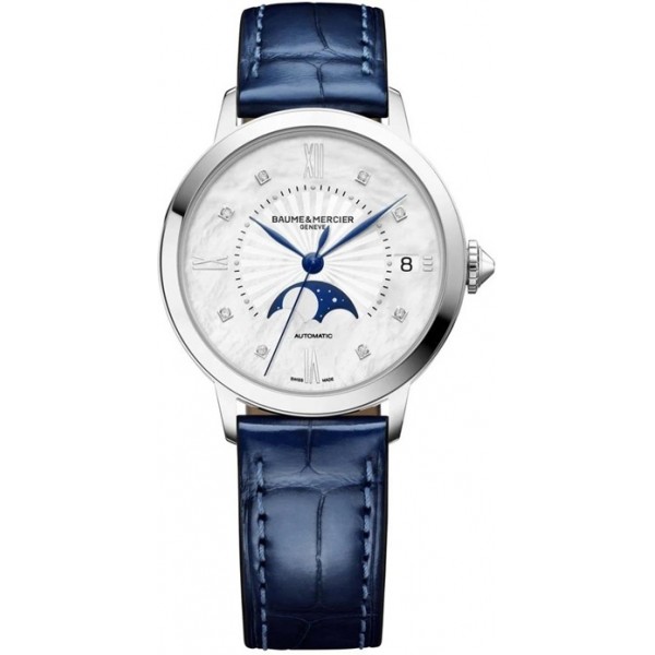 Baume and Mercier Classima Automatic Stainless Steel Mother-Of-Pearl Dial Diamonds Blue Leather Strap Moonphase Date Womens Watch M0A10633