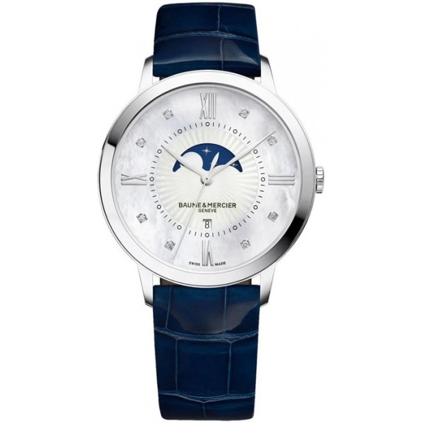 Baume and Mercier Classima Mother-Of-Pearl Dial Diamonds Blue Leather Strap Moonphase Date Quartz Womens Watch MOA10226