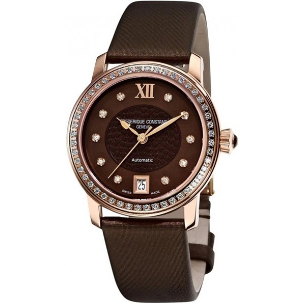 Frederique Constant Classics Automatic Diamond Rose Gold Plated Steel Brown Mother-Of-Pearl Dial Brown Satin Strap Date Womens Watch FC-303CHD2PD4