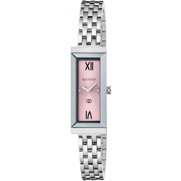 Gucci G-Frame Stainless Steel Pink Dial Diamonds Rectangle Quartz Womens Watch YA127516