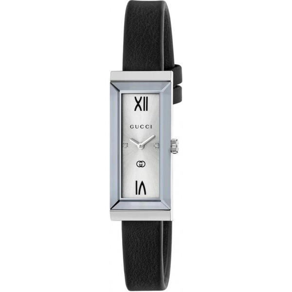 Gucci G-Frame Stainless Steel Silver-Tone Dial Black Leather Strap Diamonds Rectangle Quartz Womens Watch YA127515