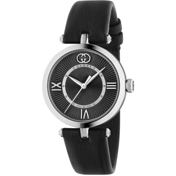 Gucci Model 2000 Stainless Steel Black Dial Black Leather Strap Quartz Womens Watch YA167505