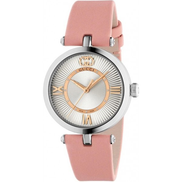 Gucci Model 2000 Stainless Steel Silver Dial Pink Leather Strap Quartz Womens Watch YA167506