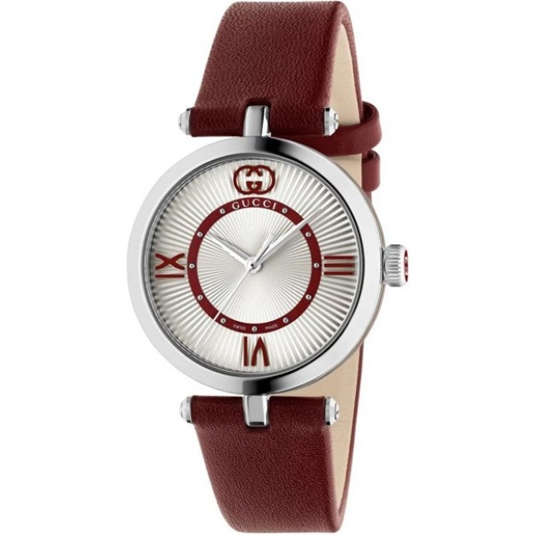 Gucci Model 2000 Stainless Steel Silver Dial Red Leather Strap Quartz Womens Watch YA167508