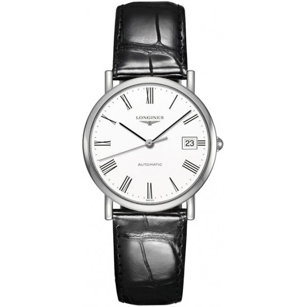 Longines Elegant Automatic Stainless Steel White Dial Black Leather Strap Date Womens Watch L4.809.4.11.2