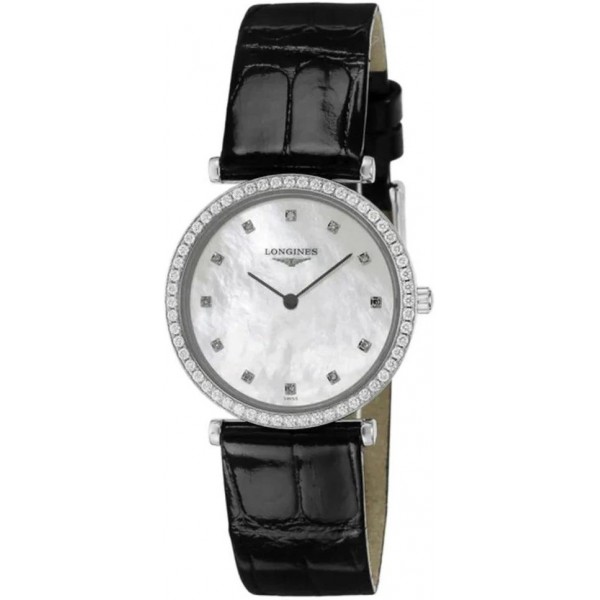 Longines La Grande Classique Stainless Steel Mother-Of-Pearl Dial Black Leather Strap Diamonds Quartz Womens Watch L4.513.0.87.2