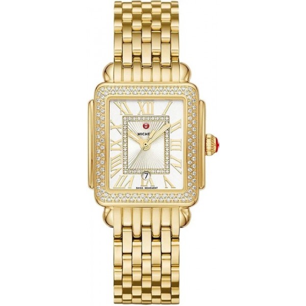 Michele Deco Madison Mid 18K Gold-Plated Steel Diamonds Silver Dial Date Rectangle Womens Watch MWW06G000003