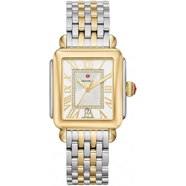 Michele Deco Madison Two-Tone Steel Diamonds Silver Dial Date Rectangle Womens Watch MWW06T000147