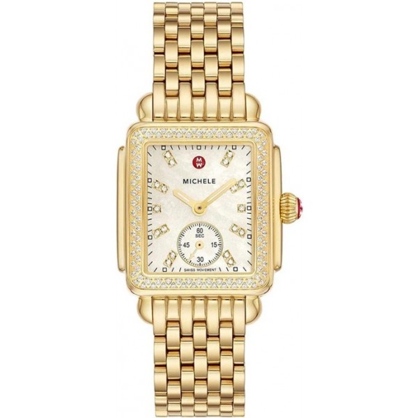 Michele Deco Mid Gold-Plated Steel Diamond Mother of Pearl Dial Rectangle Womens Watch MWW06V000124