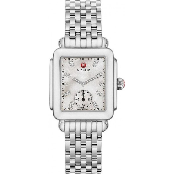 Michele Deco Mid Stainless Steel Mother-of-Pearl Dial Diamond Rectangle Womens Watch MWW06V000002