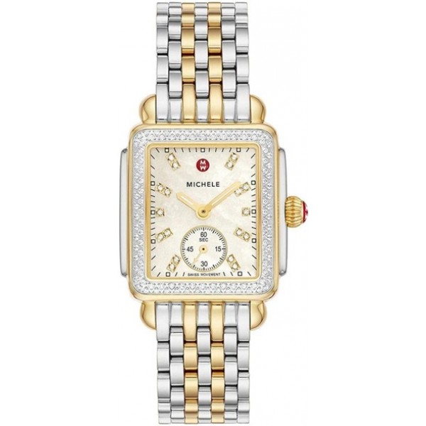 Michele Deco Mid Two-Tone Steel Diamond Mother of Pearl Dial Rectangle Womens Watch MWW06V000123