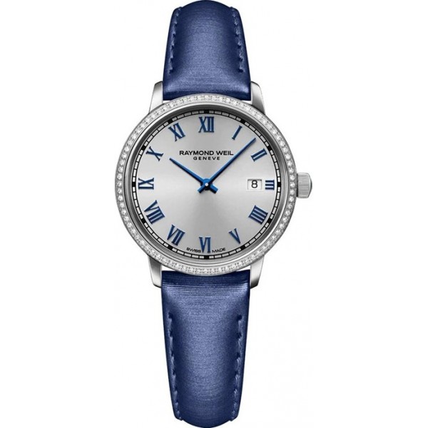 Raymond Weil Toccata Stainless Steel Silver Dial Blue Satin Strap Diamonds Date Quartz Womens Watch 5985-SCS-00653