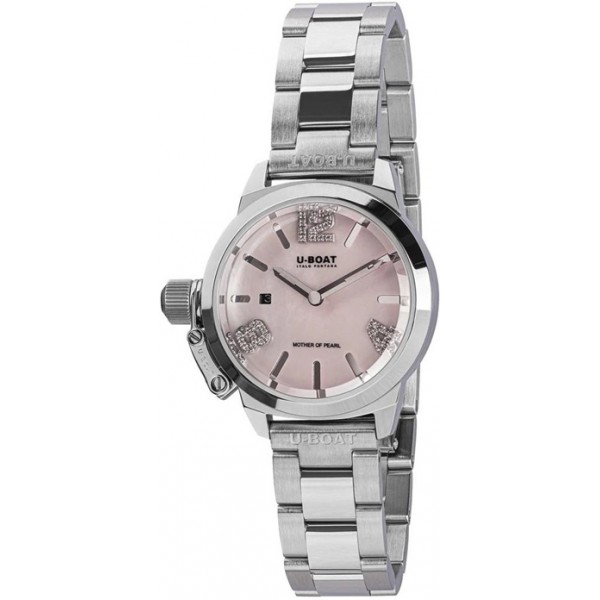 U-Boat Classico Stainless Steel Pink Mother-Of-Pearl Dial Diamonds Date Quartz Womens Watch 8898